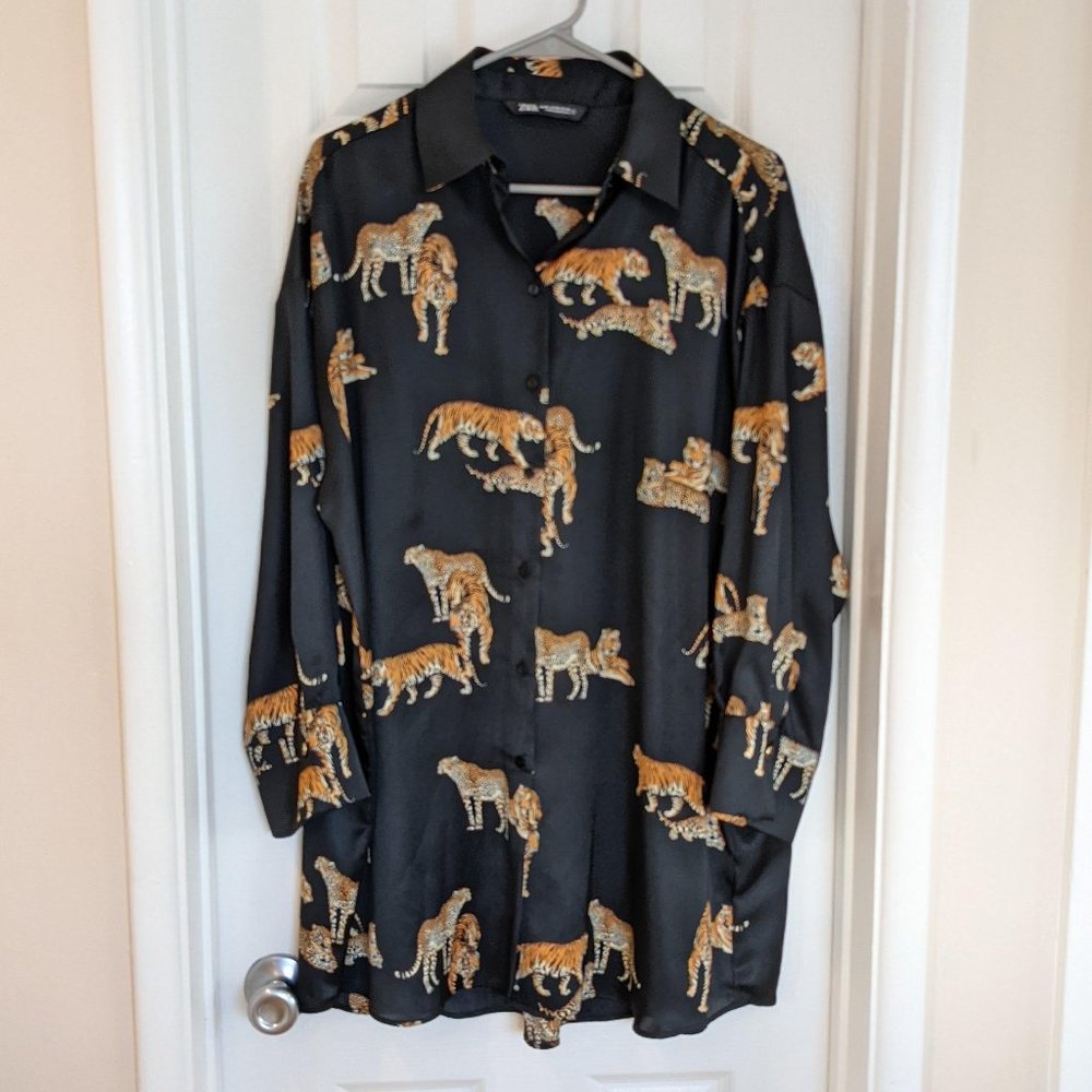 Zara Black Tiger Print Oversized Blouse Shirt Dress Womens Size XS